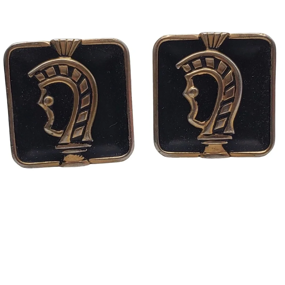 Swank Knight Black Enamel Cufflinks Square Gold Tone Soldier Warrior Vintage